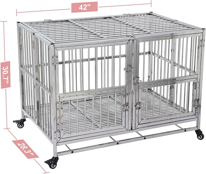 42" Heavy Duty Dog Crate Cage Kennel with Wheels, Full Stainless Steel High Anxiety Indestructible Dog Crate, Sturdy Locks Design, Double Door Small Door Design & Removable Tray Design (Silver)