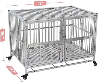 42-in Heavy Duty Dog Crate Cage Kennel with Wheels, Full Stainless Steel High Anxiety Indestructible Dog Crate, Sturdy Locks Design, Double Door Small Door Design & Removable Tray Design Silver