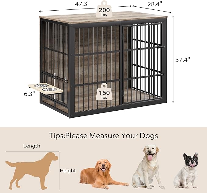 Rovibek 48 Inch Large Dog Crate with 2 Height Adjustable Dog Bowls 360° Rotatable, Extra Large Dog Kennel Indoor as End Table, Dog Cage Furniture for Large Dogs, Heavy Duty, Grey