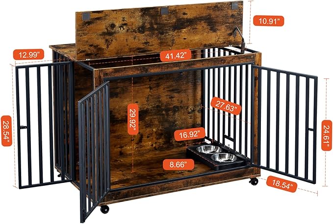 Furniture Dog Crate with Pull-Out Bowls, Wood Dog Kennel End Table with Wheels & Flip-Top, Indoor Pet House for Small to Medium Dogs/Cats, Simple Assembly Brown 43.7" W x 30" D x 33.7" H