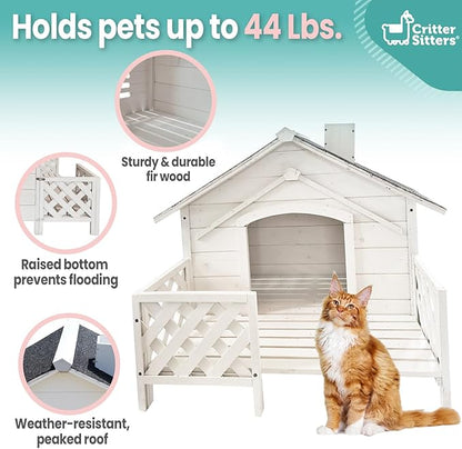 Critter Sitters 27'' Pet House with Porch, Weather-Resistant Dog House for Animals up to 44 Pounds, Waterproof Outdoor Dog House, Ideal for Cats, Dogs, and Rabbits, White Fir Wood Dog Houses