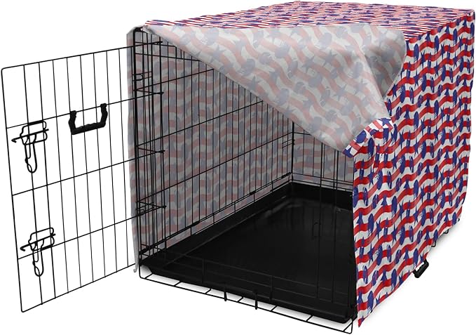 Lunarable Football Dog Crate Cover, Wavy Stripes and National Sport in American USA Inspired Colors, Easy to Use Pet Kennel Cover for Cats & Medium Dogs, 30 Inch, Coral Violet Blue White