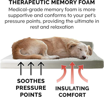 Furhaven Memory Foam Dog Bed for Large/Medium Dogs w/ Removable Bolsters & Washable Cover, For Dogs Up to 55 lbs - Two-Tone Plush Faux Fur & Suede L Shaped Chaise - Dark Sage, Large
