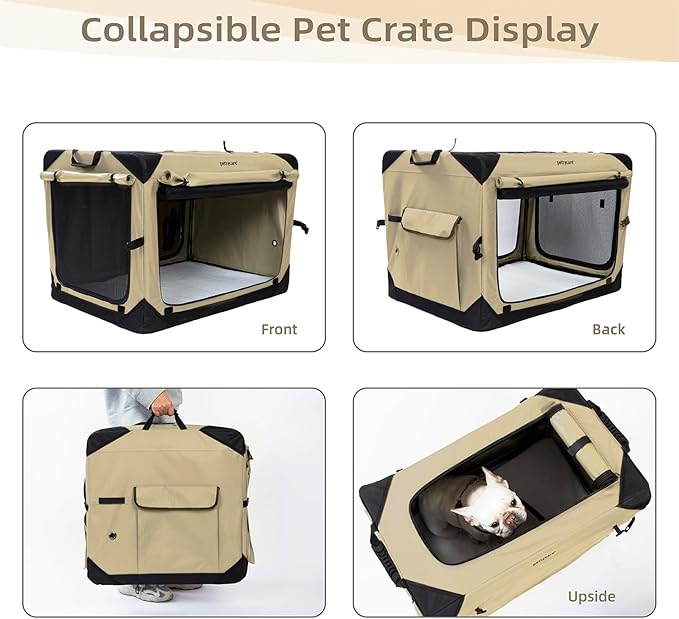 Pettycare 30 Inch Collapsible Dog Crate with Curtains Travel Dog Crate for Airflow and Calm Soft Pet Kennel with Portable Bag and More Chew Proof Mesh Indoor & Outdoor Beige 4 Door Curtains