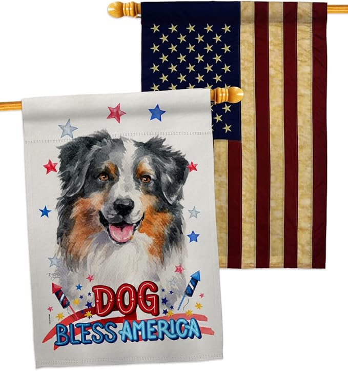 Breeze Decor Patriotic Australian Shepherd House Flag Pack Dog Puppy Spoiled Paw Canine Fur Pet Nature Farm Animal Creature Vintage Applique Banner Small Garden Yard Gift Double-Sided, Made in USA