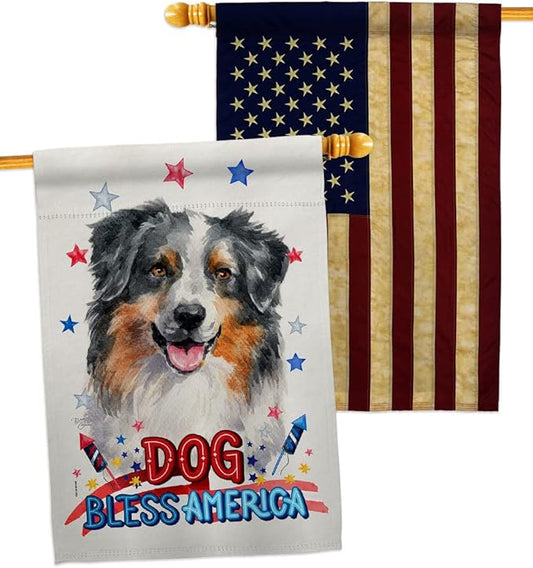 Breeze Decor Patriotic Australian Shepherd House Flag Pack Dog Puppy Spoiled Paw Canine Fur Pet Nature Farm Animal Creature Vintage Applique Banner Small Garden Yard Gift Double-Sided, Made in USA