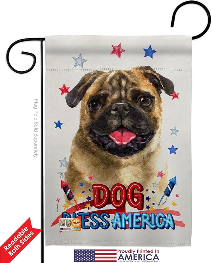 Breeze Decor Patriotic Pug Garden Flag Pack Dog Puppy Spoiled Paw Canine Fur Pet Nature Farm Animal Creature Support Our Troops House Banner Small Yard Gift Double-Sided, Made in USA