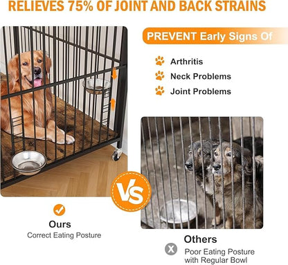 39.8 Inch Dog Crate Furniture, Dog Crate with Adjustable Height Feeder, Designed for Small Dogs, Featuring 360-Degree Swivel Wheels for Easy Movement, Rustic Brown Finish