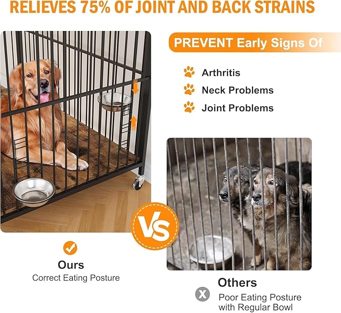 32 Inch Dog Crate Furniture, Dog Cages with Adjustable Feeder Height, Ideal for Small Dogs, Equipped with 360-Degree Swivel Casters for Smooth Mobility, Rustic Brown