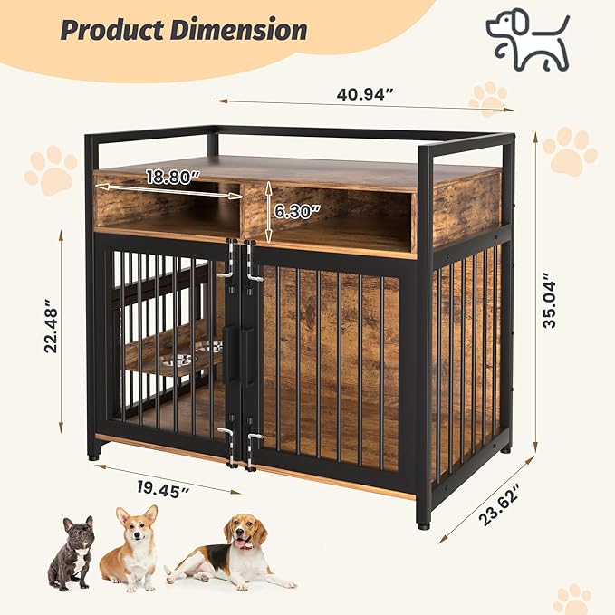 Dog Crate Furniture, Large Dog Cage with 2 Open Storage Shelves, 41 Inch Dog Kennel with Adjustable Raised Feeders, Indoor Heavy Duty Metal End Table Dog Crate for Large/Medium Dogs