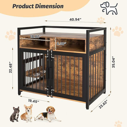 IDEALHOUSE Dog Crate Furniture, Large Dog Cage for Medium Dogs, 41 Inch Dog Kennel with Adjustable Raised Feeders, Indoor Heavy Duty Metal End Table Dog Crate with 2 Open Storage Shelves
