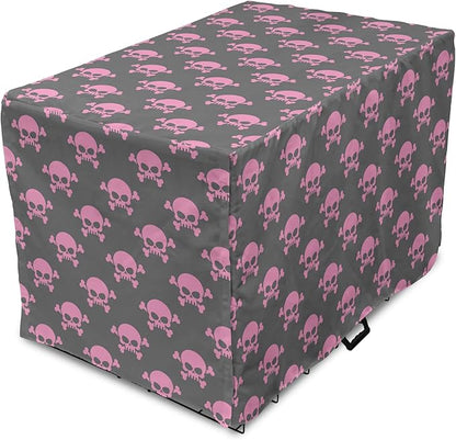 Lunarable Skull Dog Crate Cover, Vivid Pirate on Pale Background Head of a Skeleton and Bones Halloween Themed, Easy to Use Pet Kennel Cover for Medium Large Dogs, 48 Inch, Pink Taupe
