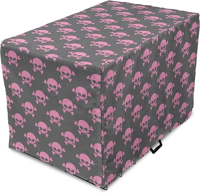 Lunarable Skull Dog Crate Cover, Vivid Pirate on Pale Background Head of a Skeleton and Bones Halloween Themed, Easy to Use Pet Kennel Cover for Small Dogs Puppies Kittens, 18 Inch, Pink Taupe