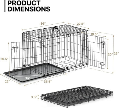 MoNiBloom 24/30/36/42/48 Dog Crates, Foldable Metal Wire Dog Cage with Double-Door, Outdoor Indoor Pet Kennels, Includes Leak-Proof Pan, Divider Panel, Black, 36"