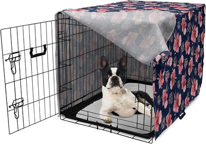 Ambesonne Watercolor Dog Crate Cover, Nature Inspired Composition with Pink Garden Flora Vintage Petals, Easy to Use Pet Kennel Cover for Small Dogs Puppies Kittens, 18 Inch, Navy Blue Coral