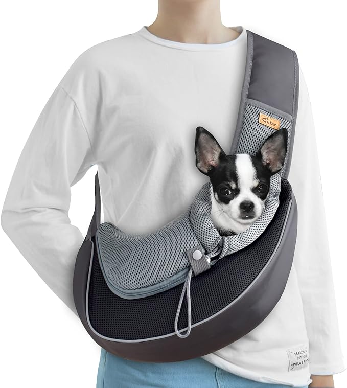 Cuby Pet Sling Carrier for Small Dogs Cats,Drawstring & Zipper Security Hook Triple Designs for Pets' Securty,Breathable Mesh Travel pet Dog Sling Carrier with Adjustable Shoulder Strap (S Black)