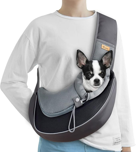 Cuby Pet Sling Carrier for Small Dogs Cats,Drawstring & Zipper Security Hook Triple Designs for Pets' Securty,Breathable Mesh Travel pet Dog Sling Carrier with Adjustable Shoulder Strap (S Black)