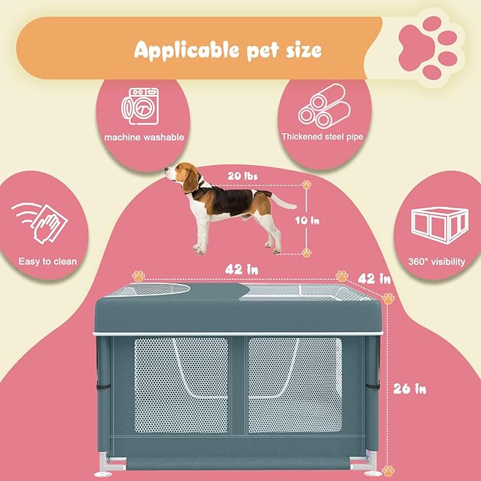 Puppy PlayPen 42 × 42 Inch, Dog Playpen with Gate for Puppies, Cat, Small and Medium Dogs, Pet PlayPen with Roof for Outdoors & Indoors, Thickened Fabric, Safe & Sturdy Dog Fence（Green）