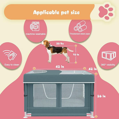 Puppy PlayPen 42 × 42 Inch, Dog Playpen with Gate for Puppies, Cat, Small and Medium Dogs, Pet PlayPen with Roof for Outdoors & Indoors, Thickened Fabric, Safe & Sturdy Dog Fence（Green）