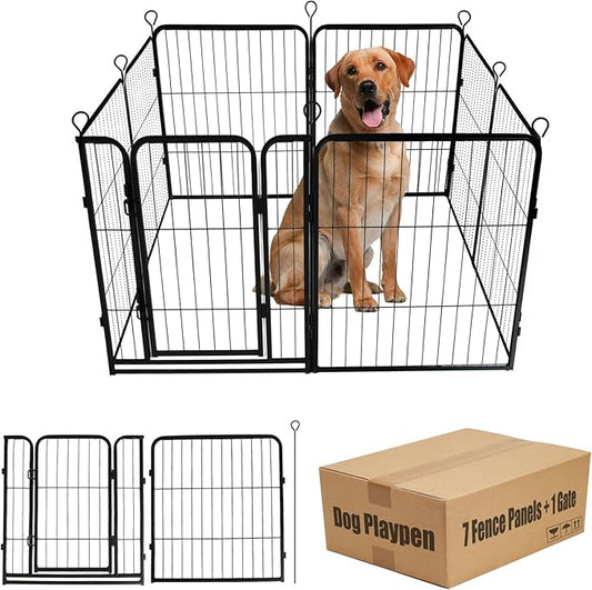 Dog Playpen,24 in(H) Pet Fence Outdoor for Rv Camping,Garden Fence Animal Barrie for Yard,Total 8 Panels with Gate 14.7Ft(L) Black Metal Temporary Fencing