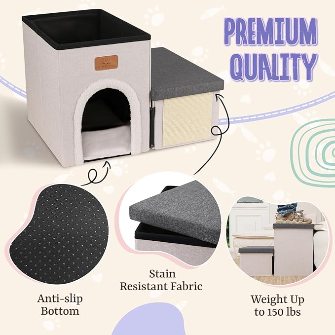 downluxe Dog Stairs for Small Dogs, Foldable Dog Steps for Bed, Sofa and Chair, Non-Slip Pet Steps with Cat Scratcher and Condo (2-Step Pet Stairs, Grey-Beige)