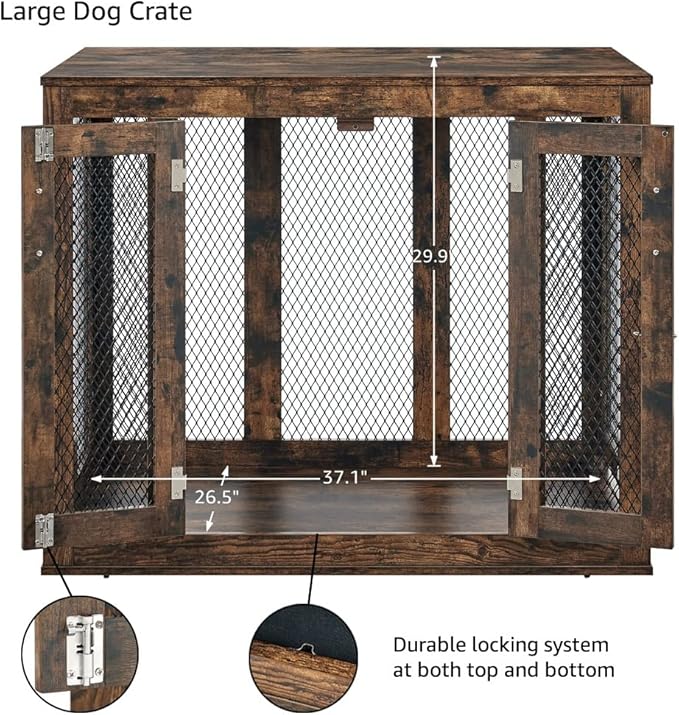 unipaws Large Dog Crate Furniture with Tray 38 inch, Wooden Kennel Pet House Dog Cage with Door, Modern Decorative Dog Crate End Side Table Nightstand, Rustic