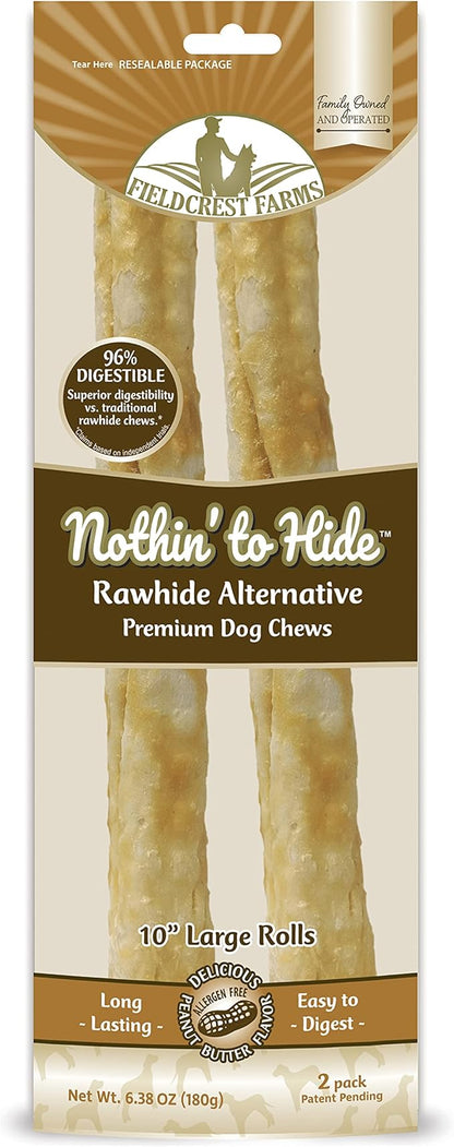 Fieldcrest Farms Nothing to Hide Natural Rawhide Alternative Large 10'' Rolls for Dogs - 3 Pack (6 Chews) Premium Grade Easily Digestible Chews - Great for Dental Health (Peanut Butter)