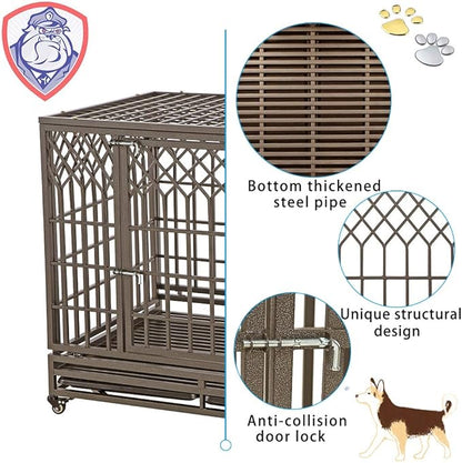 SMONTER Heavy Duty Dog Crate Strong Metal Pet Kennel Playpen with Two Prevent Escape Locks Large Dogs Cage with Wheels (Strengthen-42INCH, Brown)