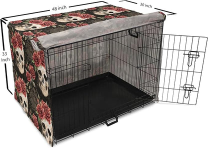 Lunarable Halloween Dog Crate Cover, Mexican Sugar Skull Rose Bouquets Spooky Traditional Humour Culture, Easy to Use Pet Kennel Cover for Medium Large Dogs, 48 Inch, Black Grey