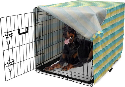 Lunarable Yellow and Blue Dog Crate Cover, Horizontal Chevron Motifs Zigzag Lines Pattern Ombre Inspired Design, Easy to Use Pet Kennel Cover for Medium Large Dogs, 42 Inch, Aqua Mustard
