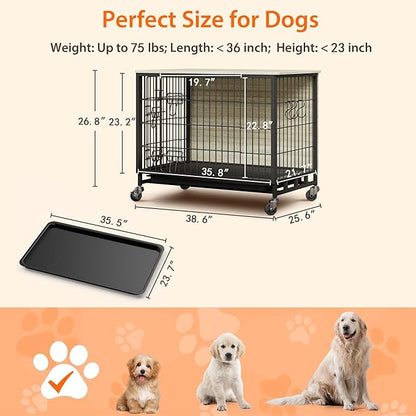 38.6" Dog Crate Furniture, Furniture-Style Dog Crate - Kennel Table with Wheels, Rustic Pet Cage for Large Breeds, Grey & Black