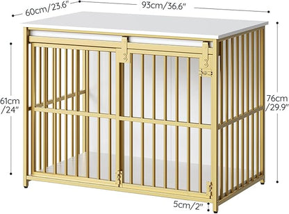HOOBRO Dog Crate Furniture, 36.6" Heavy Duty Dog Kennel with Sliding Barn Door, Decorative Dog Crate Indoor, End Side Table for Small/Medium Dog, White and Gold DW162GW03G1