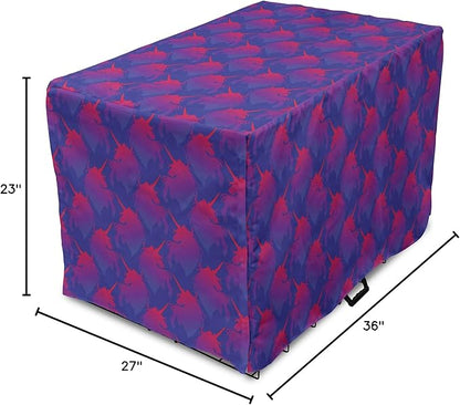 Lunarable Myth Dog Crate Cover, Pattern with Unicorn Silhouettes in Ombre, Easy to Use Pet Kennel Cover for Medium Large Dogs, 36 Inch, Indigo Magenta