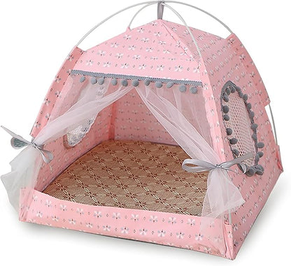Gigreinc Cat Princess Indoor Tent House Pet Dog Cute Floral Cave Nest Bed Portable Dog Tents (M:38x38x36cm/15x15x14inch, Floral Pink)