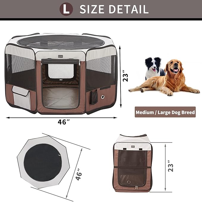 DONORO Dog Playpen 46" Portable Pet Play Pens for Small Medium Dogs, Foldable Exercise Kennel Tent Crate Indoor/Outdoor Travel Camping, Removable Top/Bottom (Brown, Large (46"x46"x23"), 8)