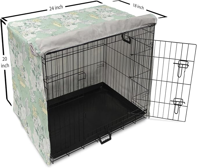 Lunarable Traditional Dog Crate Cover, Japanese Cranes Peonies Cultural Aspects Symbolic of Happy Life, Easy to Use Pet Kennel Cover for Cats & Medium Dogs, 24 Inch, Avocado Green Pale Green