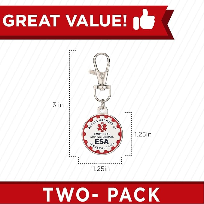 Industrial Puppy Emotional Support Dog Tag, 2 Pack: Metal Pet ID Tags for Emotional Support Dogs, ESA, and Therapy Dogs, 1.25 Inch Diameter, Double Sided, Navy Lettering and Red Enamel Trim