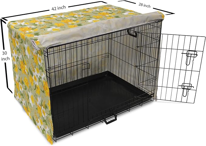 Lunarable Daffodil Dog Crate Cover, Vintage Inspirations Floral Arrangement Pattern Romantic Bouquet Nature, Easy to Use Pet Kennel Cover for Medium Large Dogs, 42 Inch, Green Marigold White