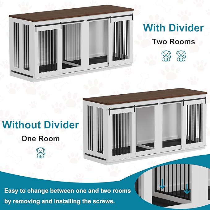 Large Dog Crate Furniture, 71" Wooden Dog Kennel for 2 Dogs, Heavy Duty Furniture Style Dog House with Divider & 2 Trays,Decorative Dog Crate Table Indoor Tv Stand