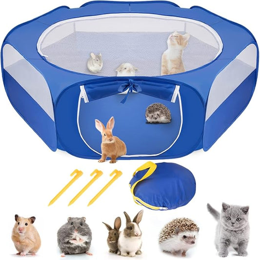 SlowTon Small Animal Playpen Portable - Durable Cat Playpen with Reinforced Mesh, Foldable Pet Playpen Exercise Play Pen with Zipper Top Cover Puppy Fence Kitten Rabbit Ferret Chinchilla (M,Blue)