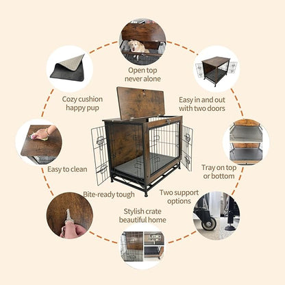 Dog Crate Furniture for Medium Dogs, Decorative Wooden Dog Kennel Cage House Indoor for Puppy Pet with Tray Cushion Foldable Top, Storage Playpen, End Side Table, Medium,31" L,Rustic Brown