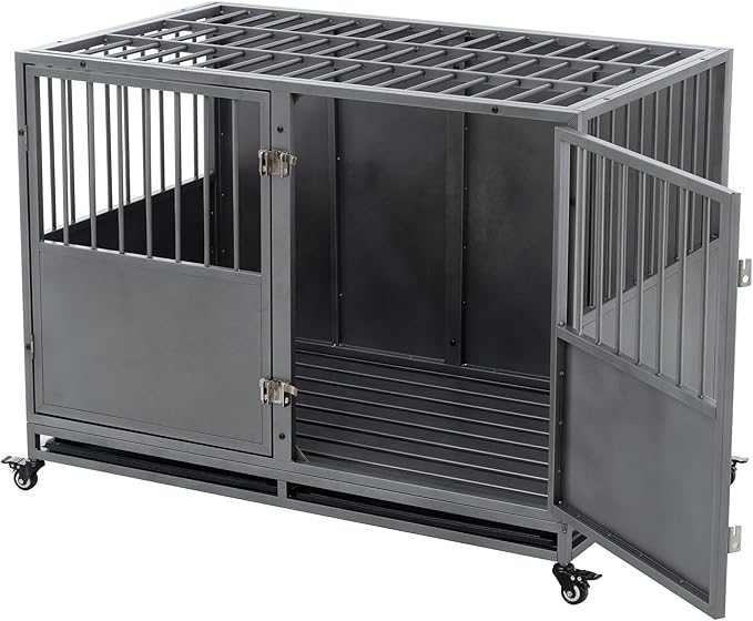 48 Inch Heavy-Duty Dog Crate with Double Door Wheels Carbon Steel Escape Dog Cage for Small Medium Large Dogs Silver One Size