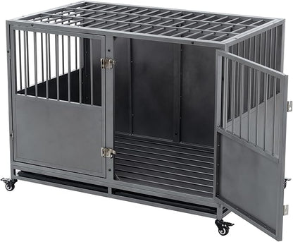 48 Inch Heavy-Duty Dog Crate with Double Door Wheels Carbon Steel Escape Dog Cage for Small Medium Large Dogs Silver One Size