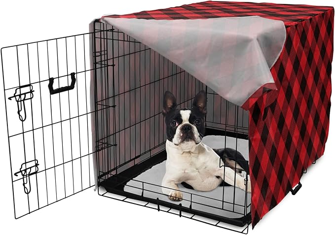 Lunarable Buffalo Plaid Dog Crate Cover, Grid Style Illustration with Horizontal Lines Pattern Diamond, Easy to Use Pet Kennel Cover for Small Dogs Puppies Kittens, 22 Inch, Orange and Charcoal Grey