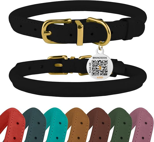 BRONZEDOG Rolled Leather Dog Collar with QR ID Tag Adjustable Soft Round Collars for Small Medium Large Dogs Puppy Cat (7" - 10" Neck Size, Black Night)