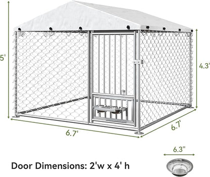 6.7 x 6.7 ft Dog Kennel Outside - Outdoor Dog Kennel with Roof, Heavy Duty Outdoor Dog Kennel with Rotating Feeding Bowls, for Medium Small Dogs