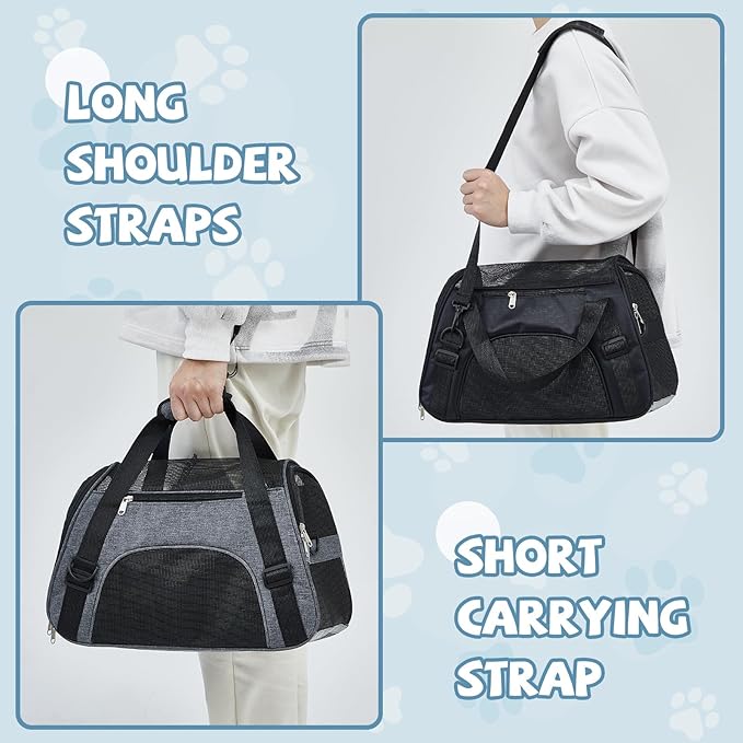 Sweetude 4 Pcs Cat Carrier Soft Pet Carrier for Cat Under 13lbs, 16.9X 11x 7.5 Inch, Soft Sided Foldable Comfortable Portable Carrying Bag for Cat Small Dog Pet Travel (Black, Gray)