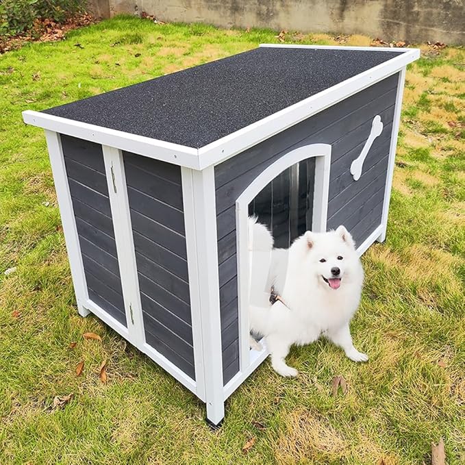 Large Wooden Dog House, Indoor Wooden Dog Kennel with Waterproof Protective Cover, Elevated Flooring Outdoor Windproof Dog Cage for Medium to Large Dogs, Weatherproof Puppy Shelter