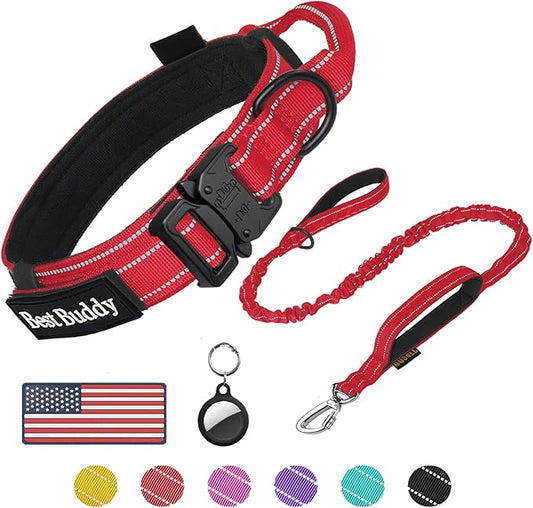 AUBELL Tactical Dog Collar and Leash Set, Adjustable Military Nylon Reflective Dog Leash and Collar with Handle and Heavy Metal Buckle for Medium Large Dogs, with Airtag Holder and 2 Patches (Red, L)