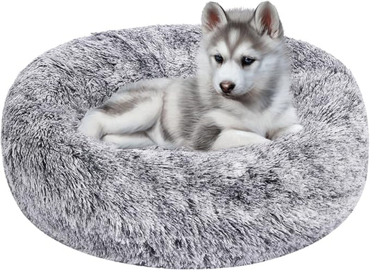 HYQ Small Dog Bed, Cat Beds for Indoor Cats, Pet Beds for Small Dogs, Fluffy Faux Fur Plush Small Dog Bed, Washable Puppy Bed with Anti-Slip Bottom, Dog Bed Small Size Dog (Gray-White, 24 Inch)